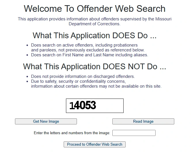 Missouri DOC Offender Web Search security verification screen